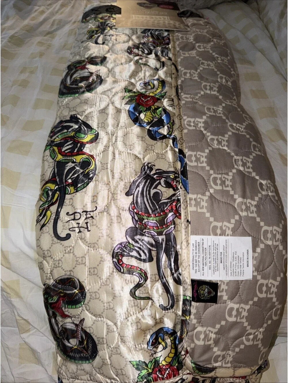 New Ed Hardy King 3-Piece Satin Quilt Set Tattoo Art Snakes Skulls Beige
